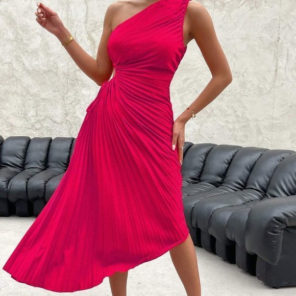 Pleated One Shoulder Cutout Asymmetrical Maxi Dress Pink - Picture 3 of 5